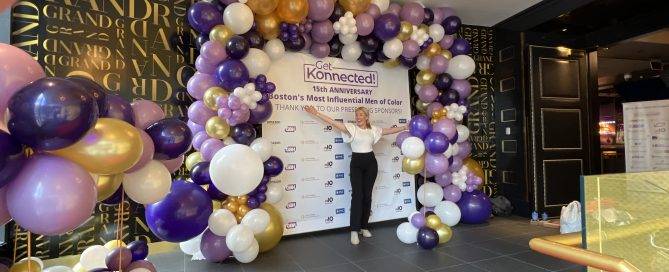 Balloon photo backdrop step and repeat at a Boston corporate event